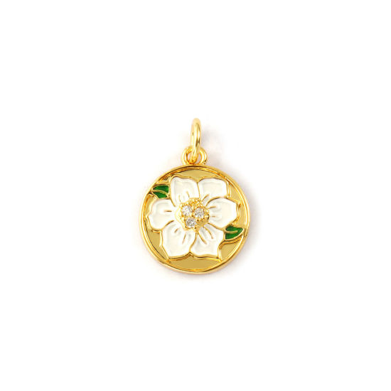Изображение 2 PCs Eco-friendly Brass Flora Collection Charms 18K Real Gold Plated White Enamel Round Disc Flower Micro Pave Clear Cubic Zirconia 17mm x 12mm