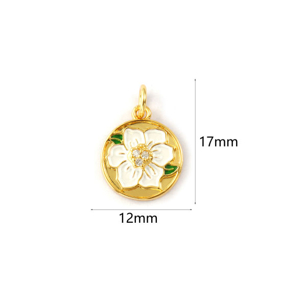 Изображение 2 PCs Eco-friendly Brass Flora Collection Charms 18K Real Gold Plated White Enamel Round Disc Flower Micro Pave Clear Cubic Zirconia 17mm x 12mm