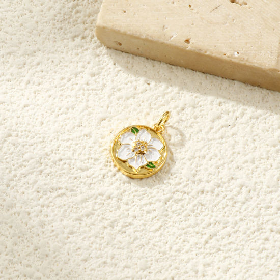 Изображение 2 PCs Eco-friendly Brass Flora Collection Charms 18K Real Gold Plated White Enamel Round Disc Flower Micro Pave Clear Cubic Zirconia 17mm x 12mm
