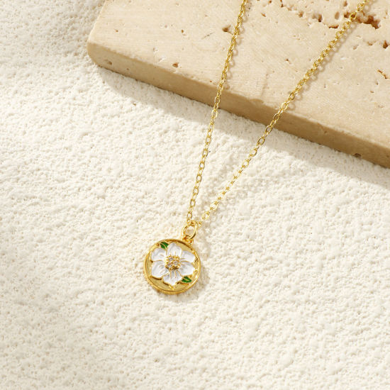 Изображение 2 PCs Eco-friendly Brass Flora Collection Charms 18K Real Gold Plated White Enamel Round Disc Flower Micro Pave Clear Cubic Zirconia 17mm x 12mm