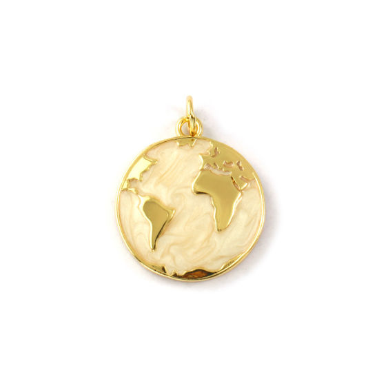 Image de 2 PCs Eco-friendly Brass Charms 18K Real Gold Plated Beige Enamel Planet Earth Pearlized 24mm x 18mm
