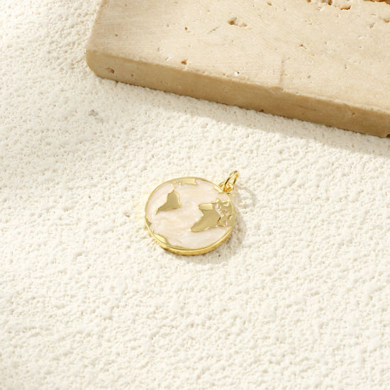 Image de 2 PCs Eco-friendly Brass Charms 18K Real Gold Plated Beige Enamel Planet Earth Pearlized 24mm x 18mm