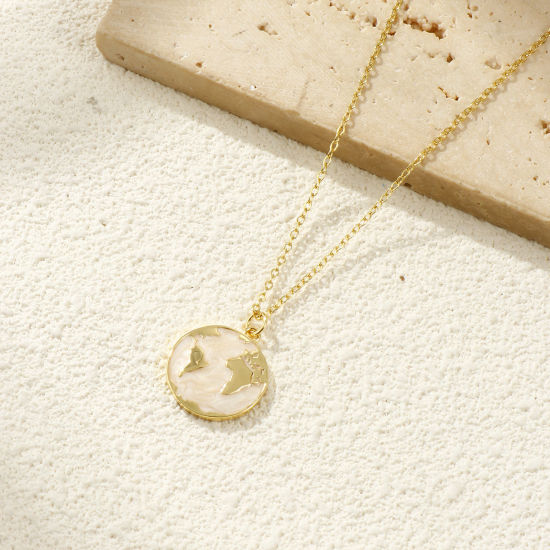 Image de 2 PCs Eco-friendly Brass Charms 18K Real Gold Plated Beige Enamel Planet Earth Pearlized 24mm x 18mm