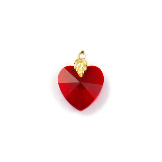 Image de 2 PCs Eco-friendly Brass & Glass Valentine's Day Charms 18K Real Gold Plated Wine Red Heart Faceted 19mm x 14mm