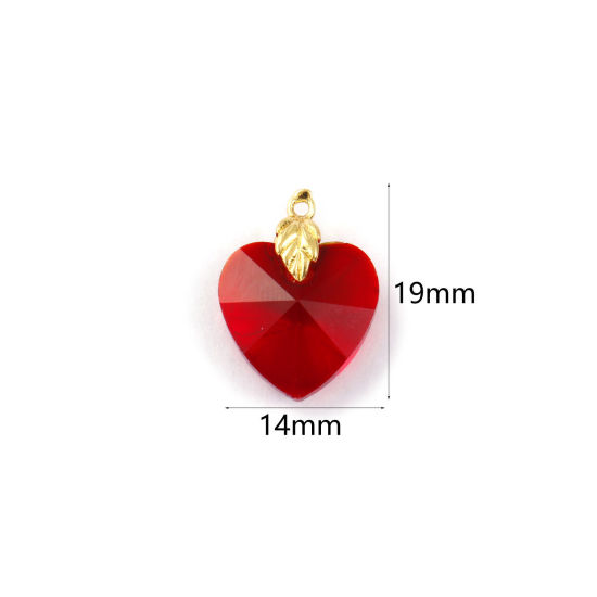 Image de 2 PCs Eco-friendly Brass & Glass Valentine's Day Charms 18K Real Gold Plated Wine Red Heart Faceted 19mm x 14mm