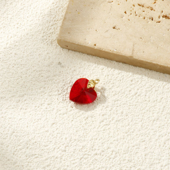 Image de 2 PCs Eco-friendly Brass & Glass Valentine's Day Charms 18K Real Gold Plated Wine Red Heart Faceted 19mm x 14mm