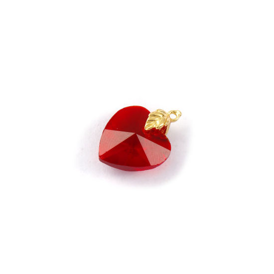 Image de 2 PCs Eco-friendly Brass & Glass Valentine's Day Charms 18K Real Gold Plated Wine Red Heart Faceted 19mm x 14mm