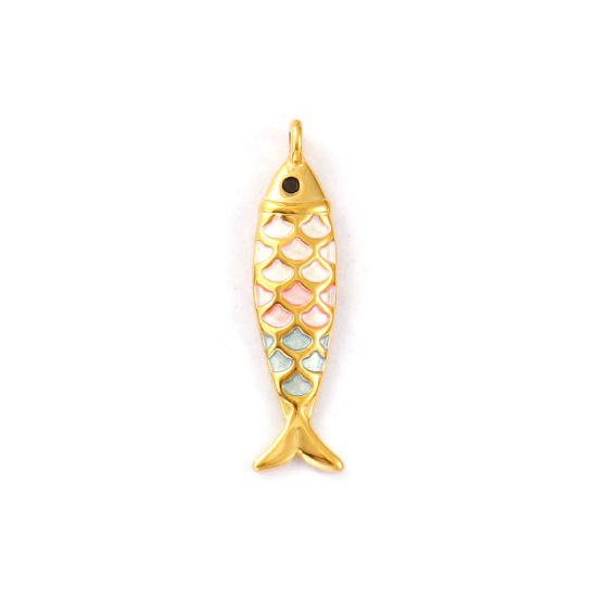Imagen de 1 Piece Eco-friendly PVD Vacuum Plating 304 Stainless Steel Ocean Jewelry Pendants 18K Real Gold Plated Pink Fish Animal Painted 4.9cm x 1.2cm