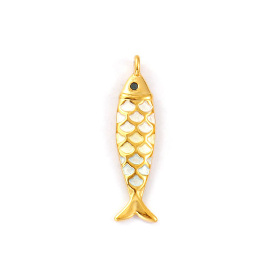 Imagen de 1 Piece Eco-friendly PVD Vacuum Plating 304 Stainless Steel Ocean Jewelry Pendants 18K Real Gold Plated Creamy-White Fish Animal Painted 4.9cm x 1.2cm