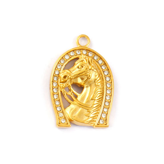 Imagen de 1 Piece Eco-friendly PVD Vacuum Plating 304 Stainless Steel West Cowboy Pendants 18K Real Gold Plated Luck Horseshoe Horse Clear Cubic Zirconia 4.3cm x 2.9cm