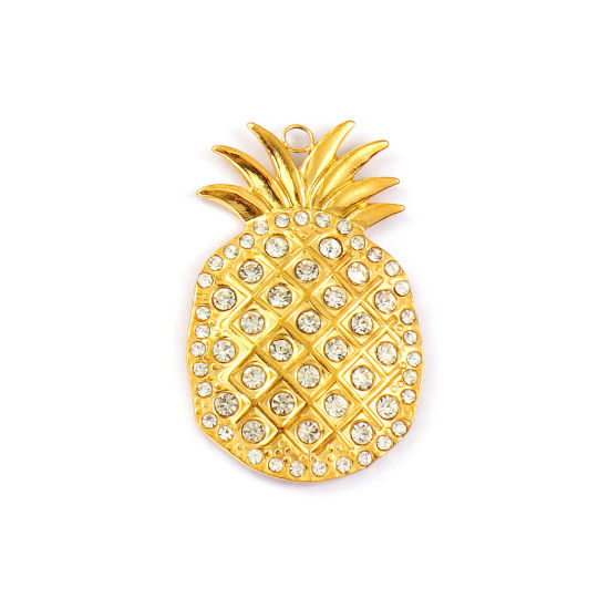 Imagen de 1 Piece Eco-friendly PVD Vacuum Plating 304 Stainless Steel West Cowboy Pendants 18K Real Gold Plated Pineapple/ Ananas Fruit Clear Cubic Zirconia 4.4cm x 2.8cm