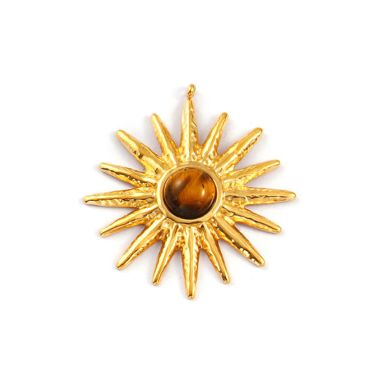 Image de 1 Piece Eco-friendly PVD Vacuum Plating 304 Stainless Steel & Gemstone Galaxy Pendants 18K Real Gold Plated Brown Sun 4.4cm x 4.1cm