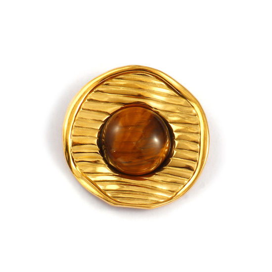 Image de 1 Piece Eco-friendly PVD Vacuum Plating 304 Stainless Steel & Gemstone Pendants 18K Real Gold Plated Brown Round 3.5cm x 3.4cm