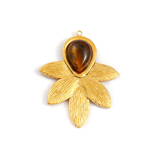 Image de 1 Piece Eco-friendly PVD Vacuum Plating 304 Stainless Steel & Gemstone Pendants 18K Real Gold Plated Brown Flower 4.2cm x 3.3cm