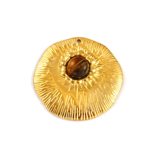 Image de 1 Piece Eco-friendly PVD Vacuum Plating 304 Stainless Steel & Gemstone Pendants 18K Real Gold Plated Brown Round 4cm x 3.9cm