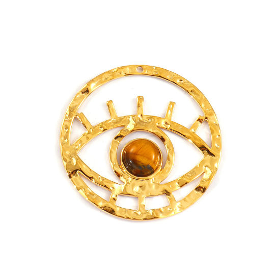 Image de 1 Piece Eco-friendly PVD Vacuum Plating 304 Stainless Steel & Gemstone Pendants 18K Real Gold Plated Brown Round Eye Hollow 4.5cm Dia.