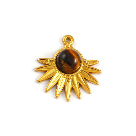 Изображение 2 PCs Eco-friendly PVD Vacuum Plating 304 Stainless Steel & Gemstone Charms 18K Real Gold Plated Brown Fan-shaped 23.5mm x 22mm