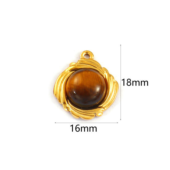 Изображение 2 PCs Eco-friendly PVD Vacuum Plating 304 Stainless Steel & Gemstone Charms 18K Real Gold Plated Brown Round 18mm x 16mm