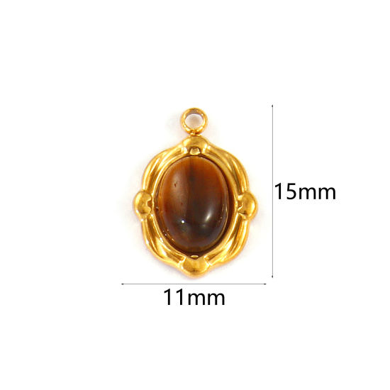 Изображение 2 PCs Eco-friendly PVD Vacuum Plating 304 Stainless Steel & Gemstone Charms 18K Real Gold Plated Brown Oval 15mm x 11mm