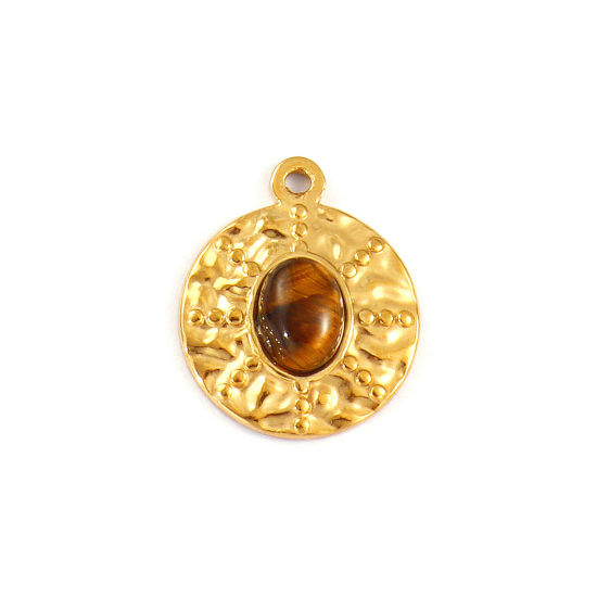 Изображение 2 PCs Eco-friendly PVD Vacuum Plating 304 Stainless Steel & Gemstone Charms 18K Real Gold Plated Brown Round 21mm x 17mm