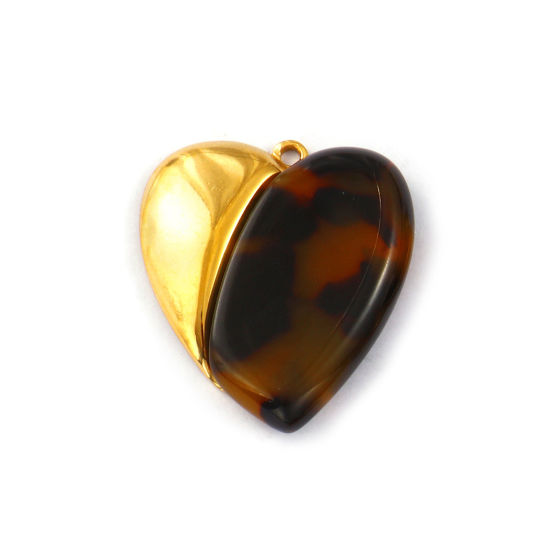 Image de 1 Piece Eco-friendly PVD Vacuum Plating 304 Stainless Steel & Resin Valentine's Day Pendants 18K Real Gold Plated Coffee Heart Leopard Print 3.2cm x 2.8cm