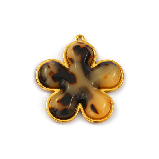 Image de 1 Piece Eco-friendly PVD Vacuum Plating 304 Stainless Steel & Resin Pendants 18K Real Gold Plated Coffee Flower Leopard Print 3.7cm x 3.5cm