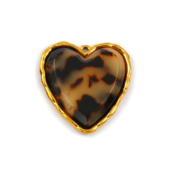 Image de 1 Piece Eco-friendly PVD Vacuum Plating 304 Stainless Steel & Resin Valentine's Day Pendants 18K Real Gold Plated Coffee Heart Leopard Print 3.2cm x 3.1cm