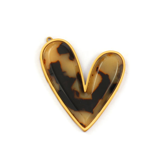 Image de 1 Piece Eco-friendly PVD Vacuum Plating 304 Stainless Steel & Resin Valentine's Day Pendants 18K Real Gold Plated Coffee Heart Leopard Print 4.7cm x 3.7cm