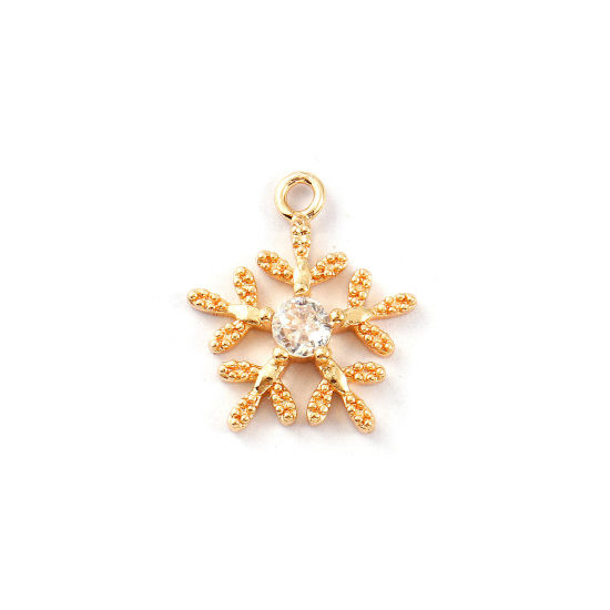 Bild von 2 PCs Eco-friendly Brass Charms 14K Real Gold Plated Christmas Snowflake Clear Cubic Zirconia 13mm x 12mm