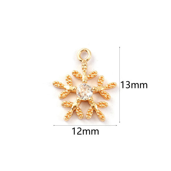 Bild von 2 PCs Eco-friendly Brass Charms 14K Real Gold Plated Christmas Snowflake Clear Cubic Zirconia 13mm x 12mm