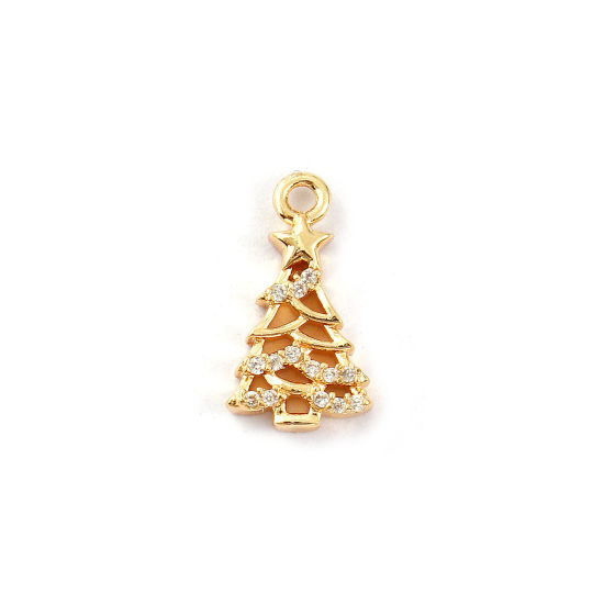 Bild von 2 PCs Eco-friendly Brass Charms 14K Real Gold Plated Christmas Tree Hollow Clear Cubic Zirconia 12.5mm x 7mm