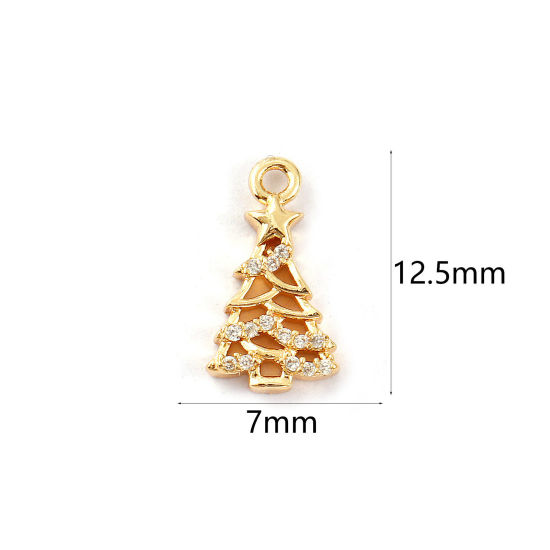 Bild von 2 PCs Eco-friendly Brass Charms 14K Real Gold Plated Christmas Tree Hollow Clear Cubic Zirconia 12.5mm x 7mm