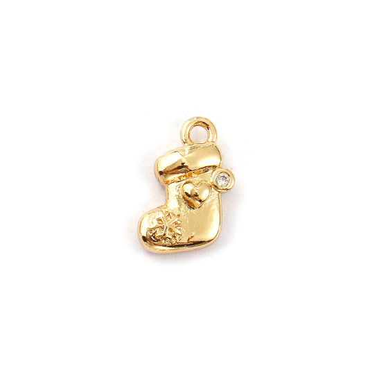 Bild von 2 PCs Eco-friendly Brass Charms 14K Real Gold Plated Christmas Stocking Clear Cubic Zirconia 10mm x 8mm