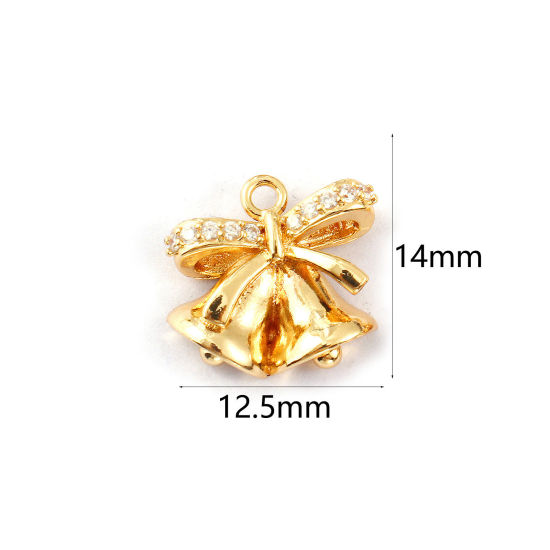 Bild von 2 PCs Eco-friendly Brass Charms 14K Real Gold Plated Christmas Jingle Bell Clear Cubic Zirconia 14mm x 12.5mm