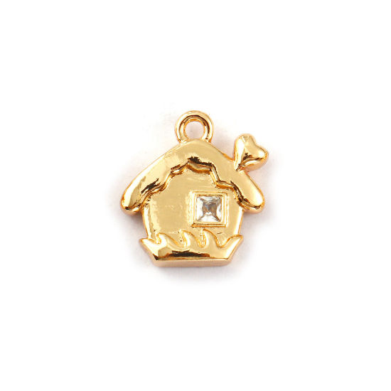 Bild von 2 PCs Eco-friendly Brass Charms 14K Real Gold Plated Christmas Village House Clear Cubic Zirconia 12mm x 11mm