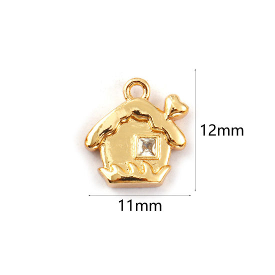Bild von 2 PCs Eco-friendly Brass Charms 14K Real Gold Plated Christmas Village House Clear Cubic Zirconia 12mm x 11mm
