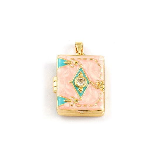 2 PCs Brass Picture Photo Locket Frame Pendants 18K Gold Plated Pink Enamel Book Rhombus Can Open Clear Cubic Zirconia 27mm x 17mm の画像