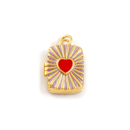 2 PCs Brass Valentine's Day Charms 18K Gold Plated Red Enamel Rectangle Heart Can Open 27mm x 16mm の画像