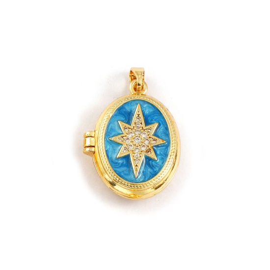 2 PCs Brass Galaxy Picture Photo Locket Frame Pendants 18K Gold Plated Blue Enamel Oval Star Can Open Clear Cubic Zirconia 27mm x 17mm の画像