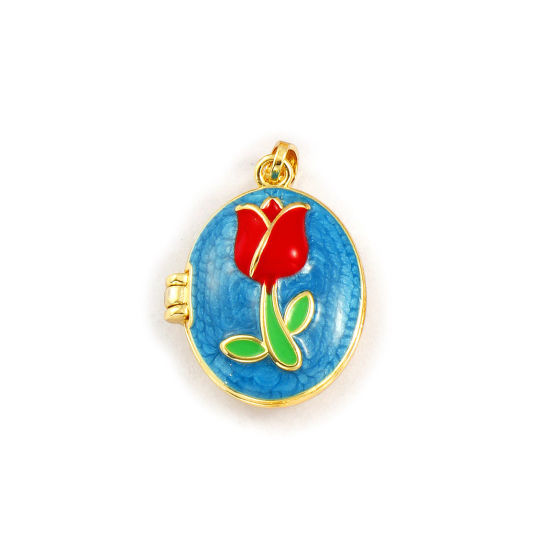 2 PCs Brass Valentine's Day Picture Photo Locket Frame Pendants 18K Gold Plated Blue Enamel Oval Rose Flower Can Open 27mm x 17mm の画像