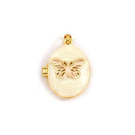 2 PCs Brass Insect Picture Photo Locket Frame Pendants 18K Gold Plated Creamy-White Enamel Oval Butterfly Can Open 27mm x 17mm の画像