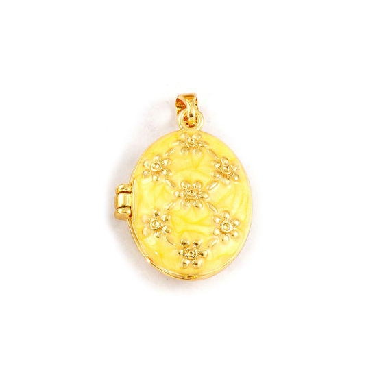 2 PCs Brass Picture Photo Locket Frame Pendants 18K Gold Plated Yellow Enamel Oval Flower Can Open 27mm x 17mm の画像