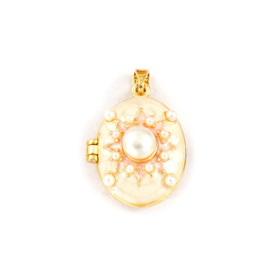 2 PCs Brass Galaxy Picture Photo Locket Frame Pendants 18K Gold Plated Peachy Beige Enamel Oval Sun Acrylic Imitation Pearl 27mm x 17mm の画像
