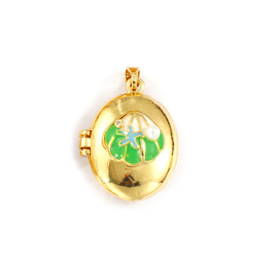2 PCs Brass Picture Photo Locket Frame Pendants 18K Gold Plated Green Enamel Oval Shell Acrylic Imitation Pearl 27mm x 17mm の画像