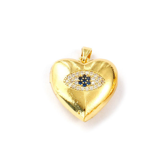 Image de 2 PCs Brass Religious Picture Photo Locket Frame Pendants 18K Gold Plated Heart Evil Eye Can Open Deep Blue Cubic Zirconia 24mm x 18mm