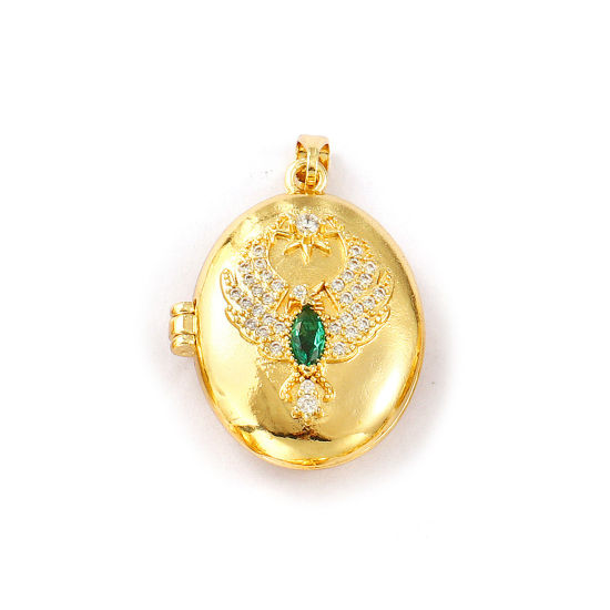 Image de 2 PCs Brass Picture Photo Locket Frame Pendants 18K Gold Plated Heart Eagle Can Open Emerald Cubic Zirconia 3cm x 1.9cm