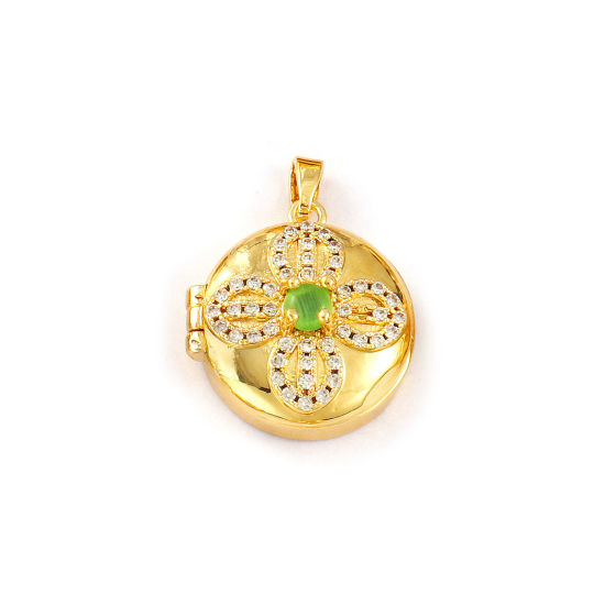 Image de 2 PCs Brass Picture Photo Locket Frame Pendants 18K Gold Plated Green Round Flower Cat's Eye Imitation Clear Cubic Zirconia 25mm x 19mm