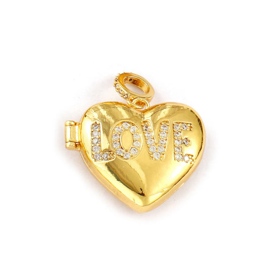 Image de 2 PCs Brass Valentine's Day Pendants 18K Gold Plated Heart Message " LOVE " Can Open Clear Cubic Zirconia 3cm x 2.5cm