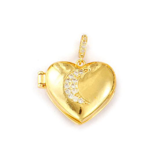 Image de 2 PCs Brass Galaxy Pendants 18K Gold Plated Heart Moon Can Open Clear Cubic Zirconia 3cm x 2.5cm