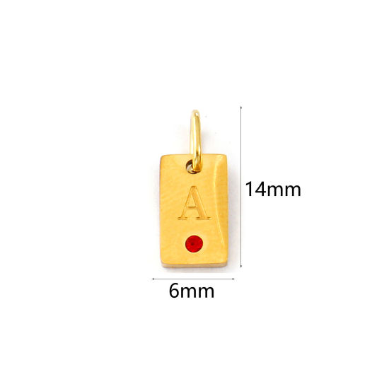 Picture of 2 PCs Eco-friendly PVD Vacuum Plating 304 Stainless Steel Capital Alphabet Initial Letter Name Charms 18K Real Gold Plated Rectangle Message " A " Mini Red Cubic Zirconia 14mm x 6mm